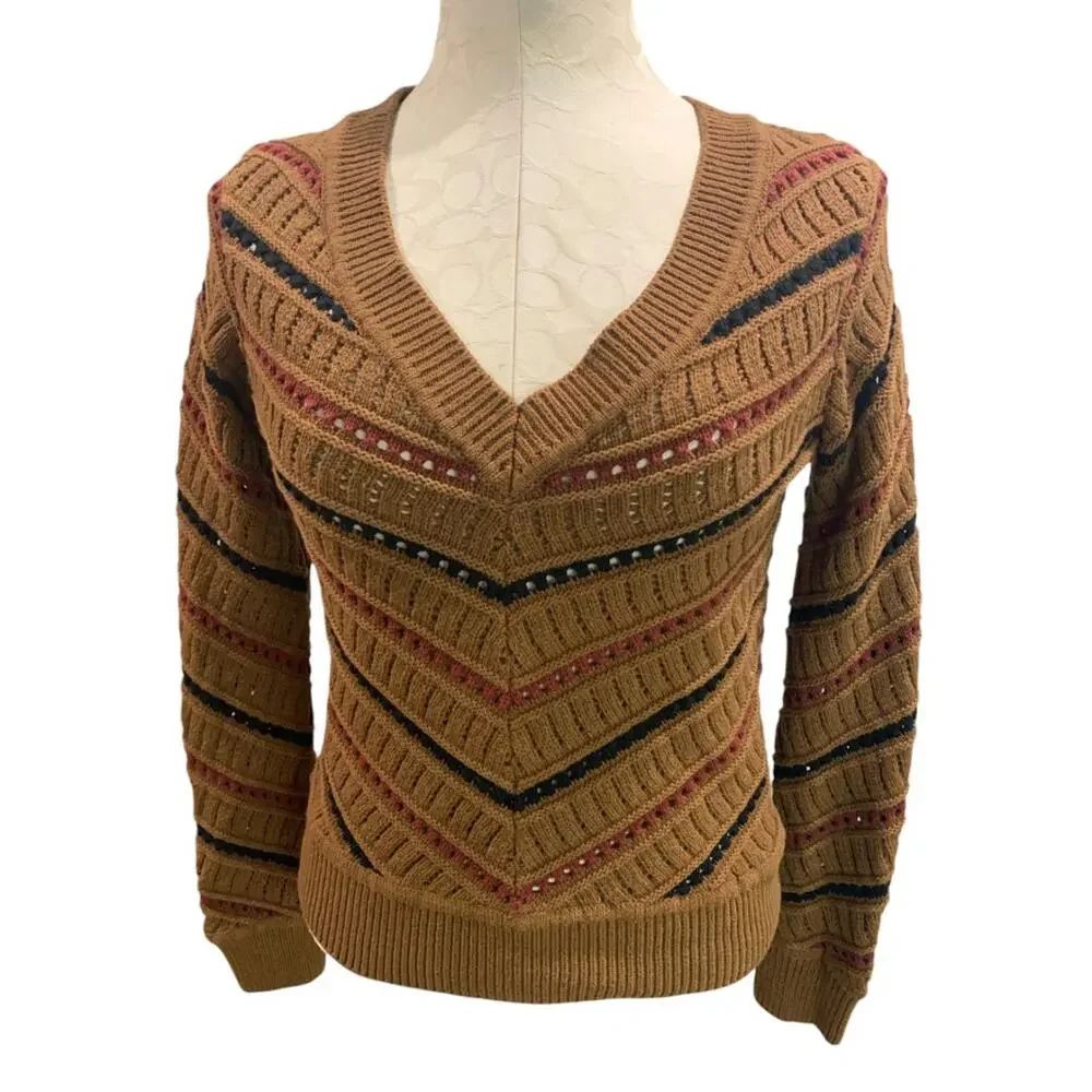 Size XS Evereve Sawyer Chevron Womens Sweater Brown Mulitcolor V-neck - Picture 2 of 7